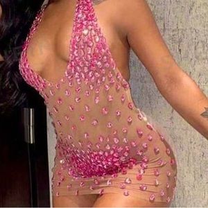 - Rhinestone Mesh Mini Dress